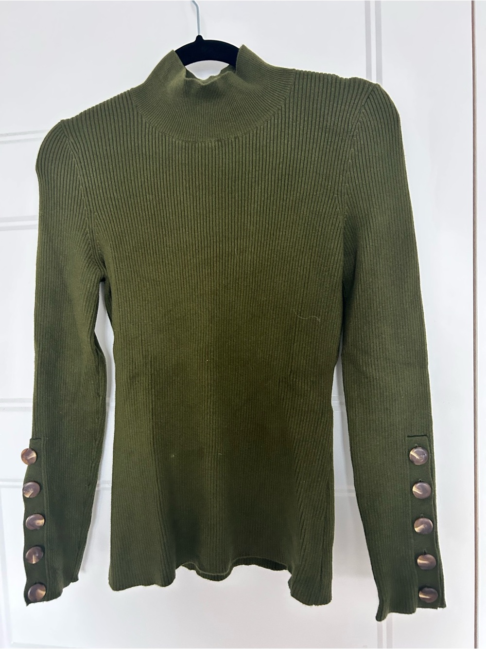 Sezane Olive Ribbed Mock Neck Sweater with Button Cuffs